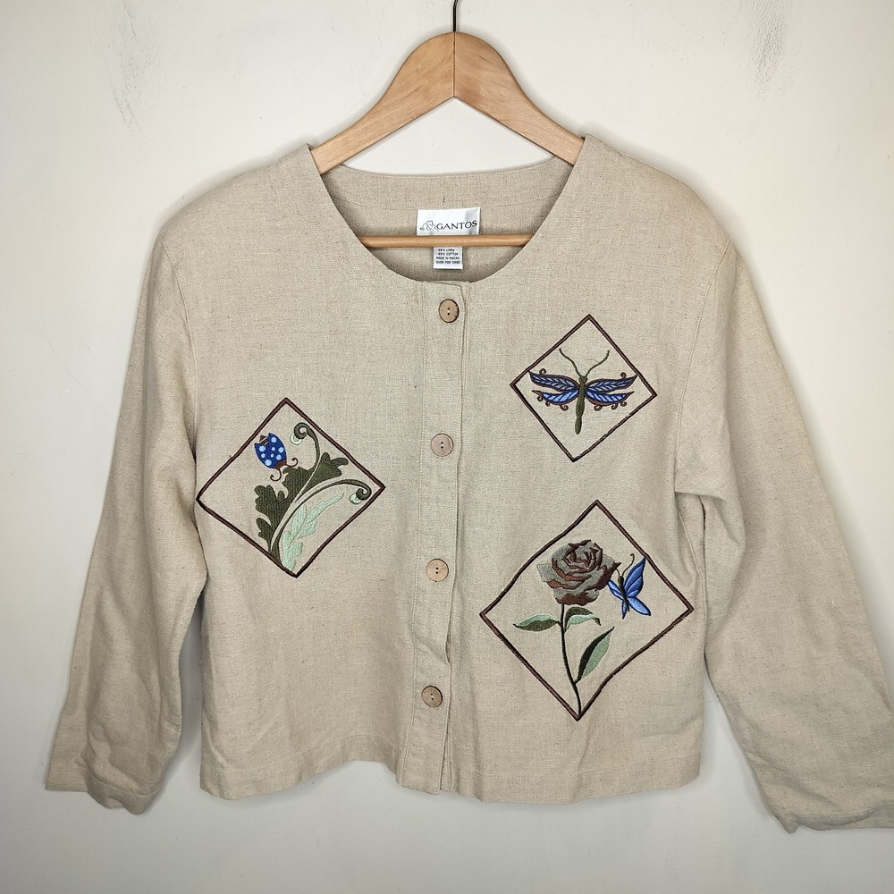 Gantos Linen Button‎ Up Shirt Floral Embroidered Nature